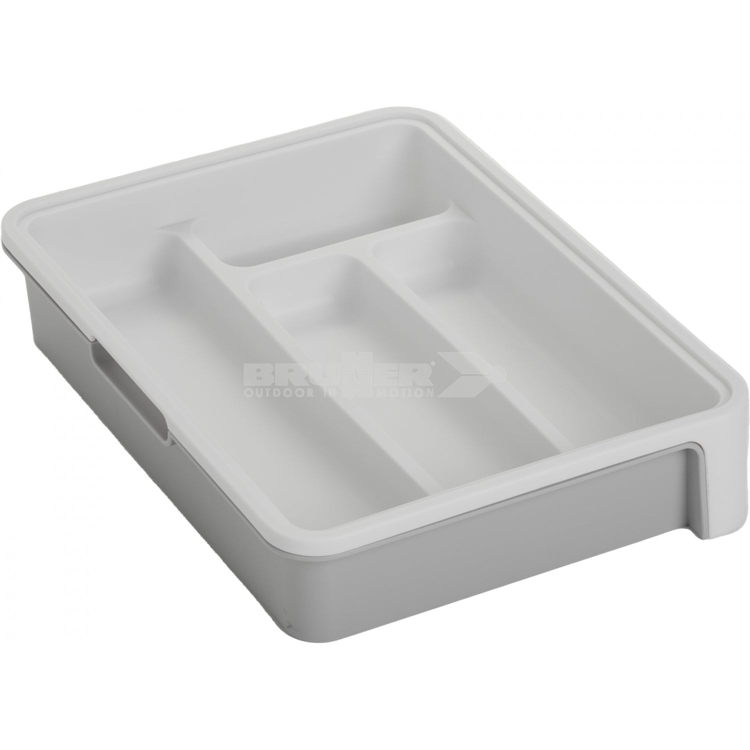 Gray plastic drawer organizer with compartments on a white background