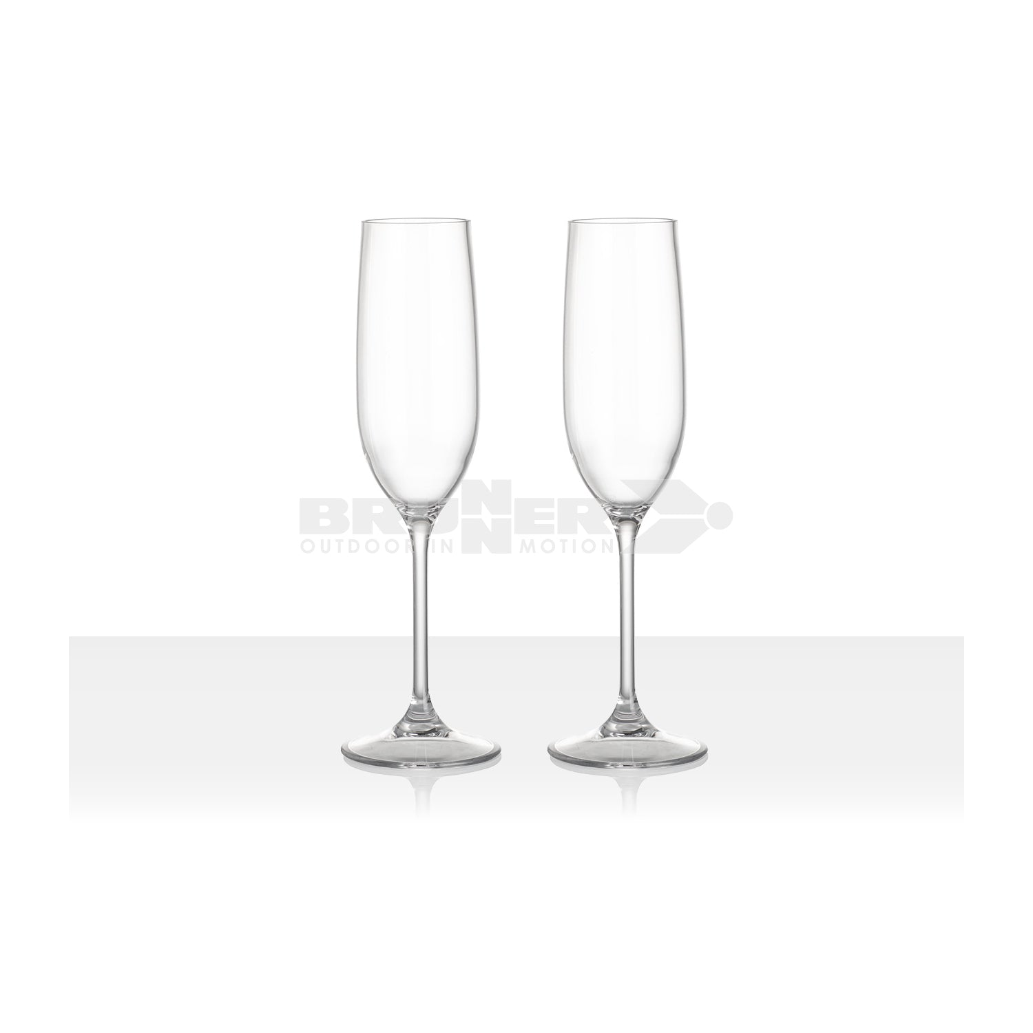 Two clear champagne flutes on a white background with Brunner logo.
