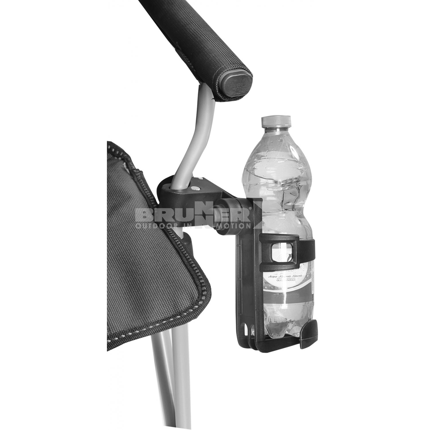 Bottle holder attached to a chair with a clear water bottle on a white background, featuring the Brunner brand.