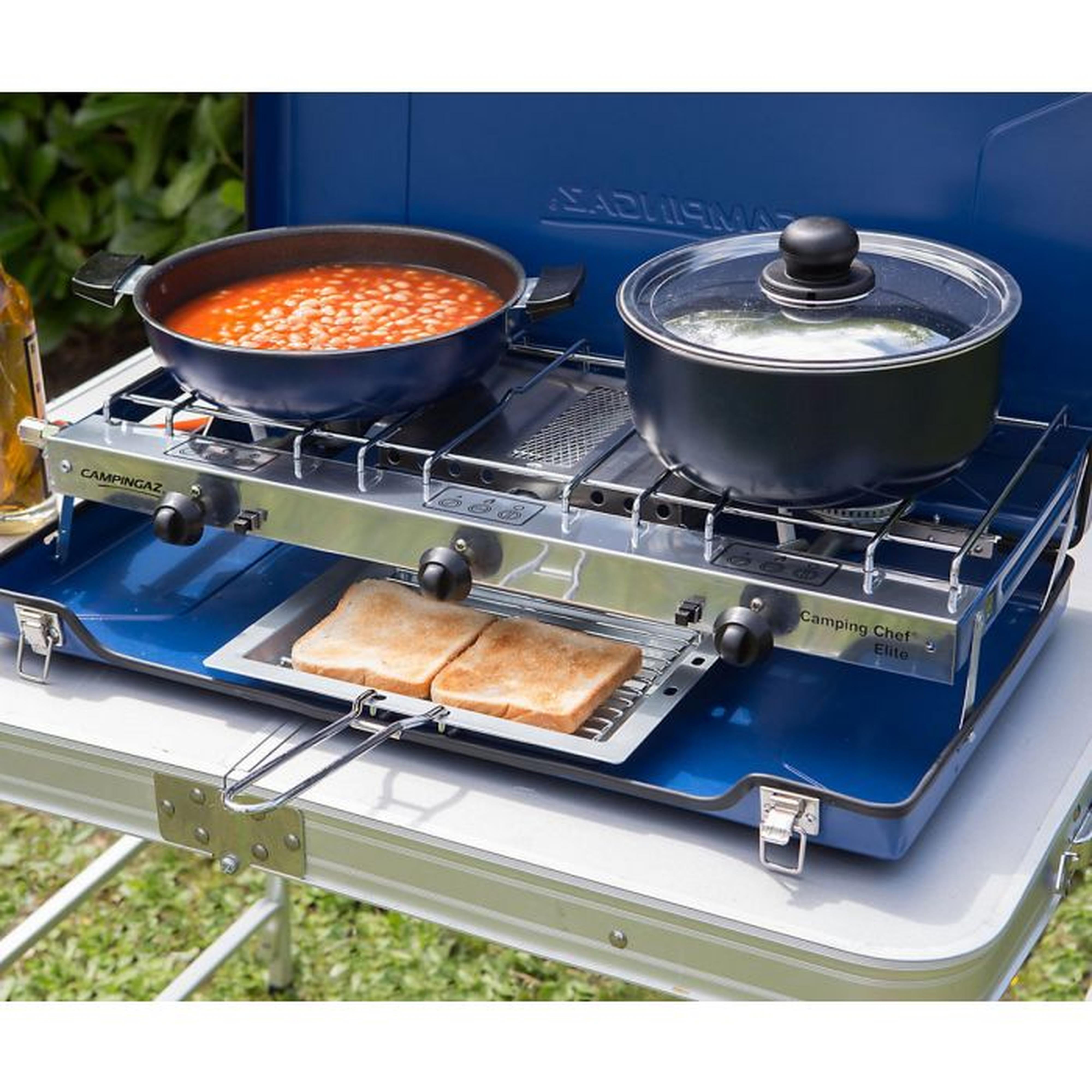 Campingaz Camping Chef Double Burner & Grill Gas Stove - in use with pans