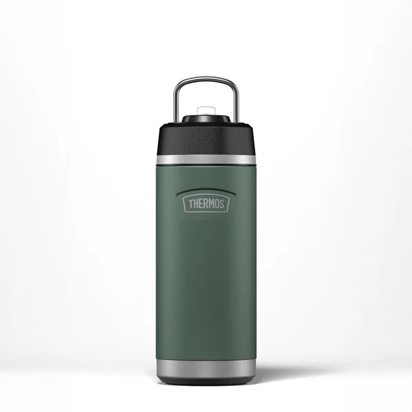 Green thermos bottle with black lid on a white background