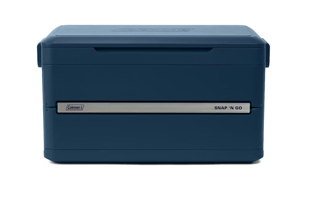 Blue Coleman storage box with 'Snap N Go' feature on a white background