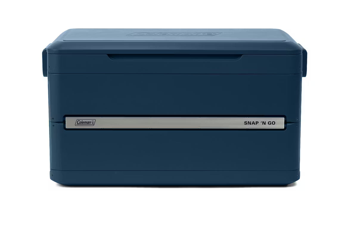 Blue Coleman storage box with 'Snap N Go' feature on a white background