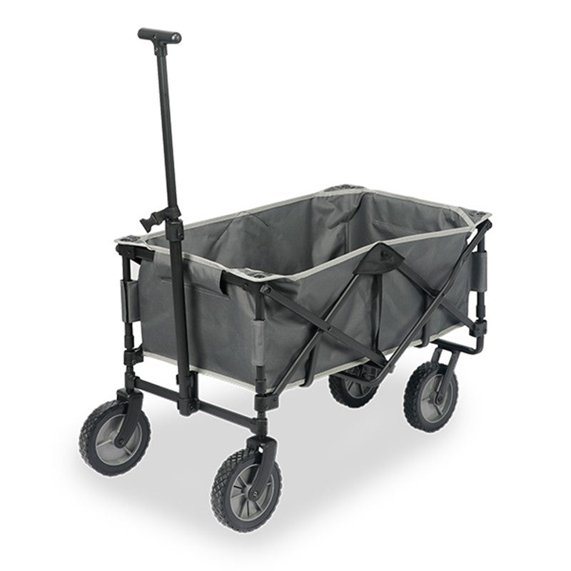 Gray folding wagon with black frame and wheels on a white background