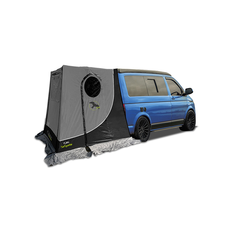 Car tent attached to a blue van on a white background