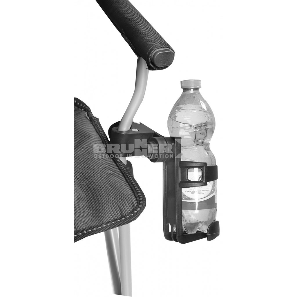 Bottle holder attached to a chair with a clear water bottle on a white background, featuring the Brunner brand.