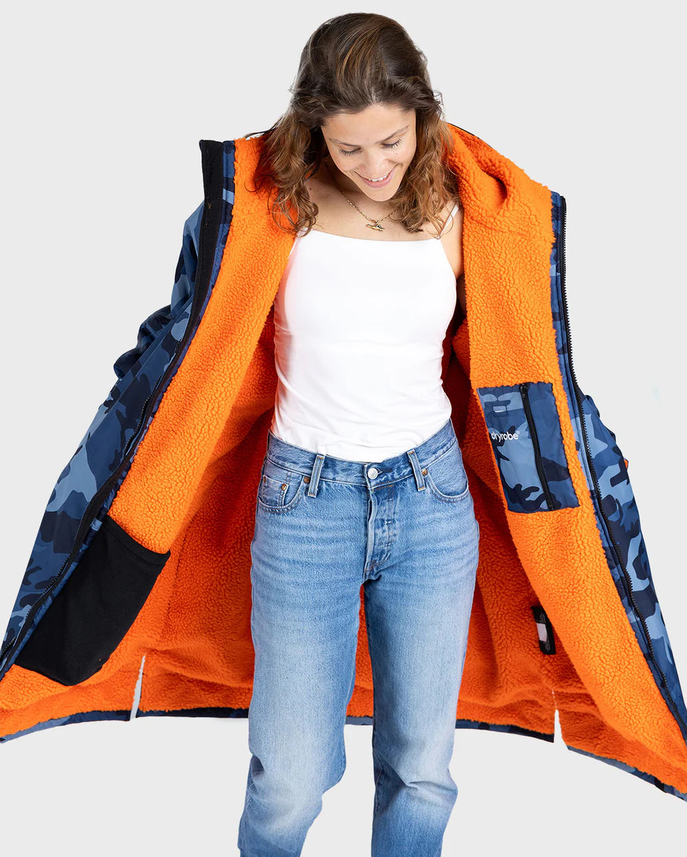 Dryrobe Advance LONG Sleeve Changing Robe V3 - Blue Camo / Orange - inside the dryrobe