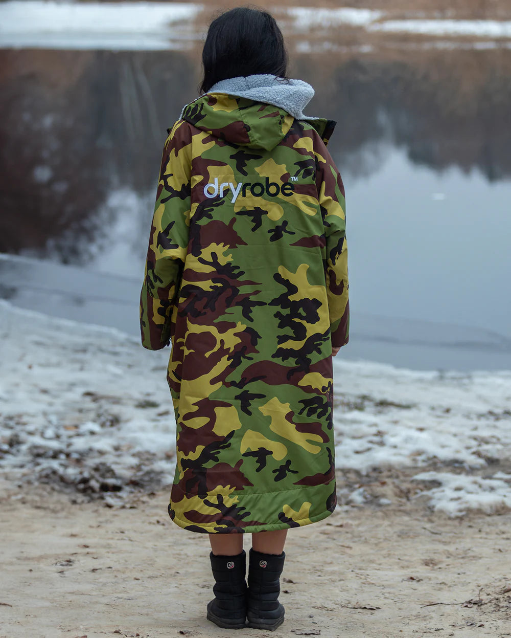 Dryrobe Advance LONG Sleeve Changing Robe V3 - Camo / Grey - Back View
