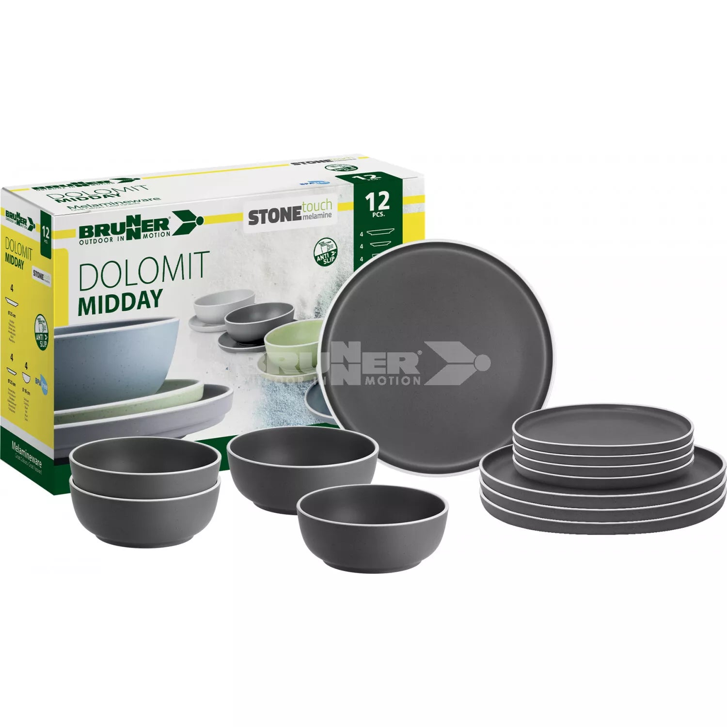 brunner midday dolomit grey 12 piece melamine dinner set anti slip