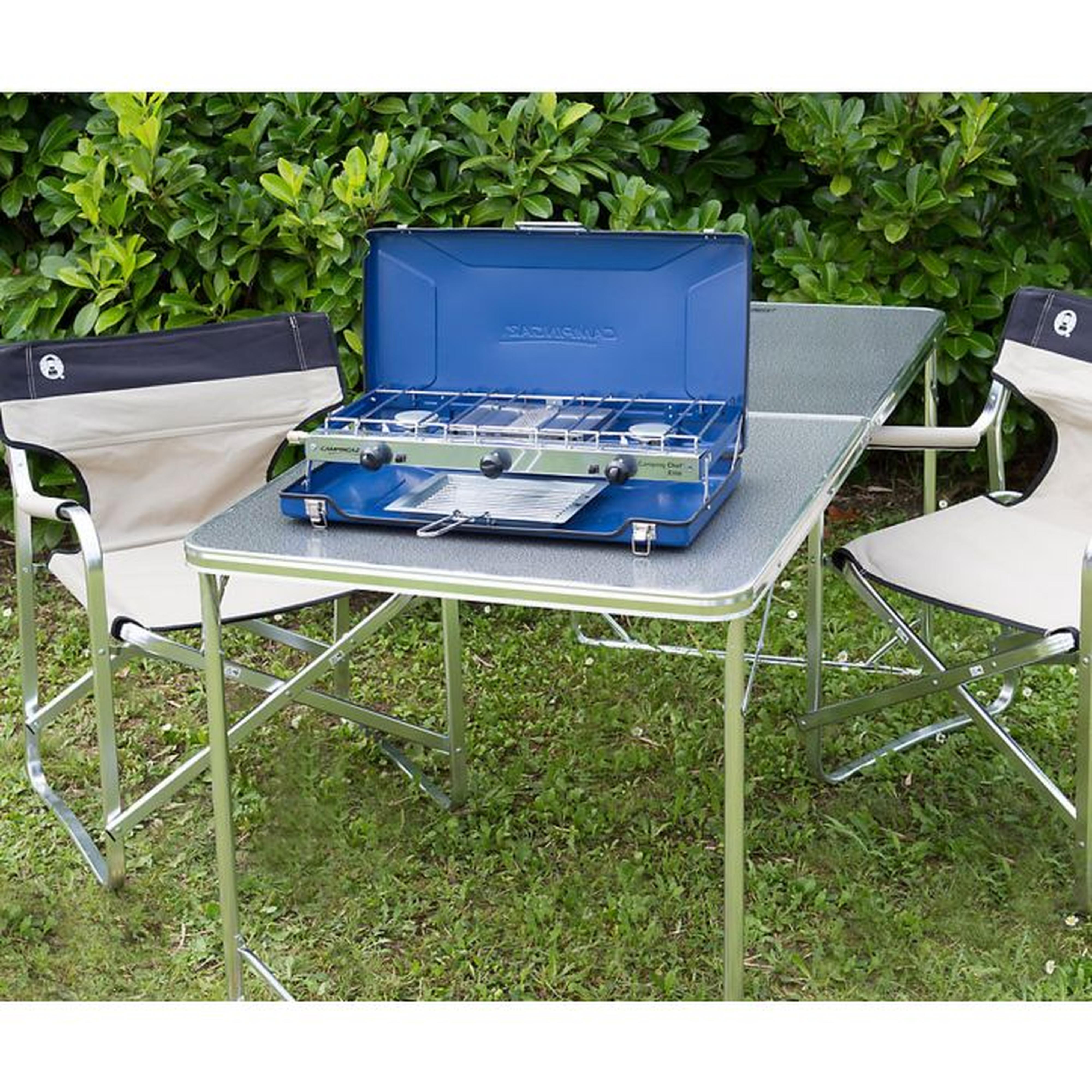 Campingaz Camping Chef Double Burner & Grill Gas Stove - in use on a camping table