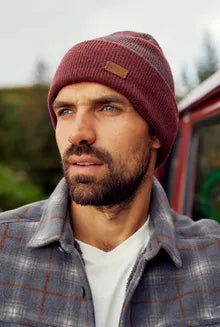 WeirdFish Gilmer Recycled Reversible Stripe Beanie Pinot Red