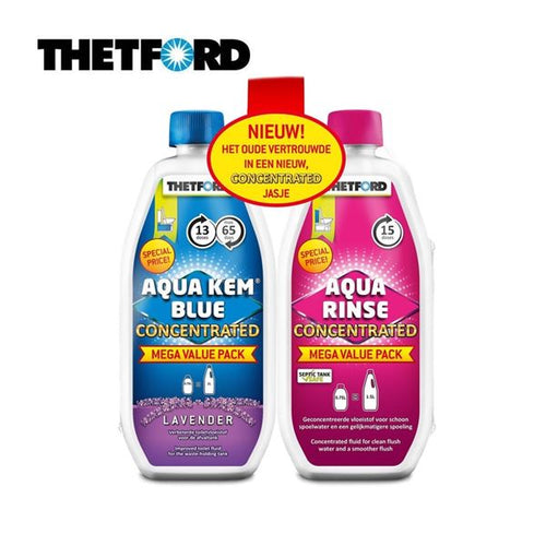 thetford concentrated toilet chemical twin pack aqua blue and aqua rinse for chemical toilets in caravans and motorhomes