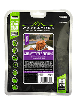 Packaging of Wayfayrer Sticky Toffee Pudding in a pouch, with the product visible at the top and ready-to-eat indication, weight of 250g, and an image of a toffee sauce and pudding below.